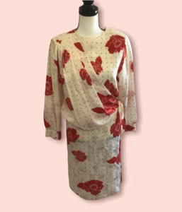 Lady Kang Vintage 80s Silk Jacquard Red Poppy Cream Floral Drape Dress 4 S M - Bild 1 von 8