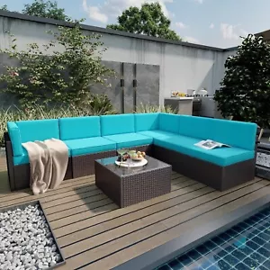 7 PCS Patio Rattan Dining Set Sectional Sofa Couch Outdoor Deck Turquoise - Picture 1 of 9