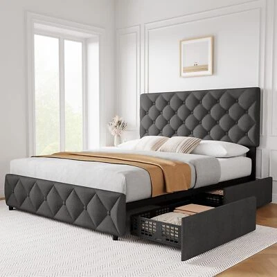 Upholstered Queen Size Platform Bed Frame with 4 Storage Drawers, Adjustable