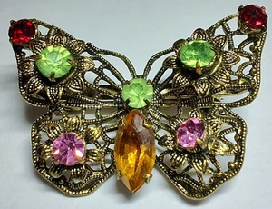 Vintage Czech Filigree and Rhinestone Gold-tone Butterfly Brooch (1" x 1.5") - Picture 1 of 5