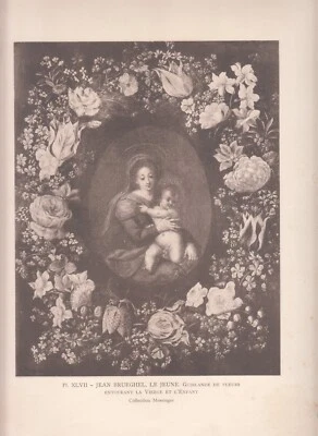 ANTICA STAMPA DEL 1910. GHIRLANDA DI FIORI CHE CIRCONDANO LA VERGINE CON BAMBINO - Immagine 1 di 4