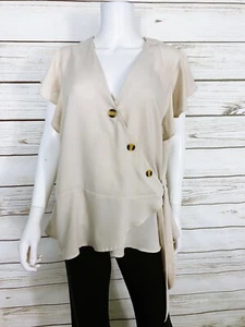 Zenobia Womens Wrap Top Size 3XL Beige V-Neck Buttons Tie Ruffle Short Sleeve - Picture 1 of 9