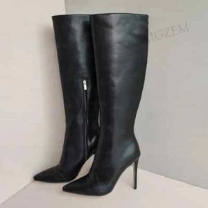 Women Knee High Boots Faux Leather Pointed Toe Side Zip Stiletto High Heels Boot - Picture 1 of 6