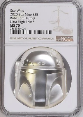Star Wars Boba Fett 2 oz Niue 2020 MS70 NGC - casco plateado ultra alto relieve - Imagen 1 de 4