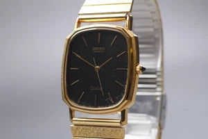 [Exc+5] Vintage SEIKO Dolce 6030-5550 Tank Gold Black Dial Quartz Men's Watch - Picture 1 of 11