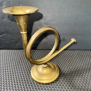 Heavy Solid Brass Candle Stick Holder French Horn 9” Vintage 1960s Boho Chic - Picture 1 of 15