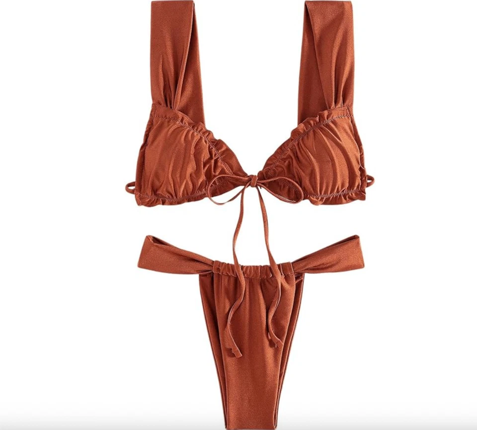 Conjunto de bikini traje de baño de 2 piezas para mujer - ribete con volantes, corbata frontal, corte alto, correa ancha Foto 1 de 4