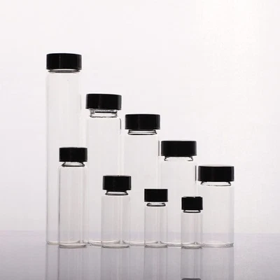Pack de 100 Frascos de Vidrio con Tapones de Tornillo Fenólicos Negros (5ml, Transparente) Foto 1 de 4