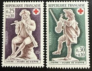 France 1967 MNH Red Cross Stamps Dieppe Ivory Musicians Flute Violin Pair - Picture 1 of 1