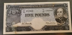 1960 Reserve Bank. Five pounds. £5 banknote. Coombs-Wilson. Good Grade - Picture 1 of 4