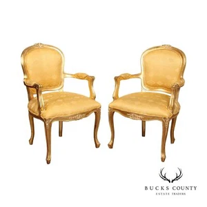 French Louis XV Style Pair of Giltwood Fauteuil Armchairs - Picture 1 of 12