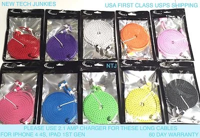 10FT LONG Flat Braided USB data power cord Charger Cable for iPhone 3 4 4S iPod - Image 1 of 4