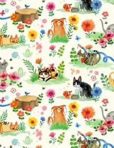 Fat Quarter Grumpy Garden Cats And Flowers 100% Cotton Fabric - Picture 1 of 1