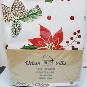 Urban Villa Set of 12 Dinner Napkins 20X20 Holiday Pinecone Poinsettia Christmas - Picture 1 of 7