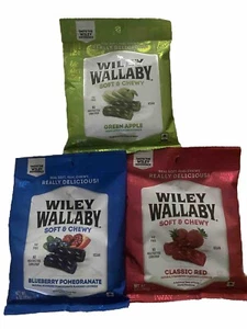 3 Wiley Wallaby Soft Chewy BERRY APPLE & BLUEBERRY Licorice 4 Oz Bags Fat Free - Picture 1 of 1