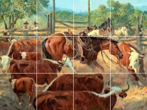 Country Western Ranch Horse Cows Cowboys farm ceramic tile mural backsplash - Picture 1 of 8