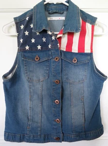 Americana Vest Sz S Denim Red White Blue Stars Stripes Stretch USA Sunset Sky - Picture 1 of 7