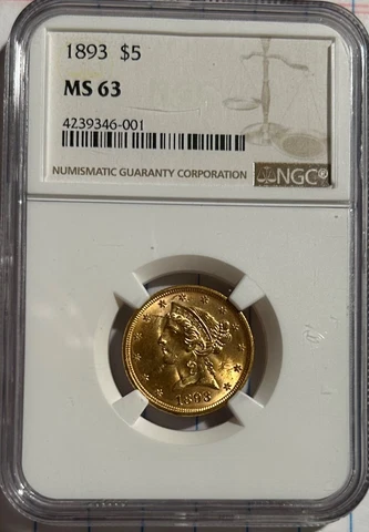 1893 $5 Gold Liberty Head MS63 NGC Cover