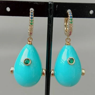 Turquoise Blue Teardrop Sea Shell Pearl Mixed color Cz Pave leverbacvk Earrings - Image 1 of 4