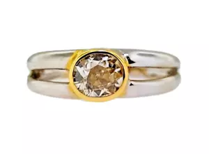 .88ct Cushion Old Mine Champagne Diamond 18k Two Tone Gold Ring Sz 7 Bezel Set - Picture 1 of 12