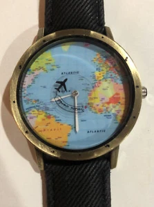 Map Dial Watch With Airplane Second Hand - Picture 1 of 4