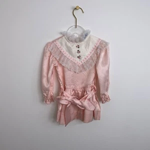 Vintage Kleinkind Mädchen 3T Haddad Brothers weiß rosa gestreift Spitze Rüschen Kleid - Bild 1 von 9