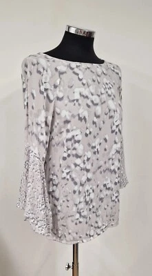 Mint Velvet Pale Pink Top Size 8 Grey Bubble Print Bell Sleeve Blouse Circle  - Image 1 of 4