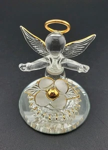 GLASS BARON ANGEL Hand Blown GLASS Figurine Gold Accents Mirror Base Flower USA - Picture 1 of 9