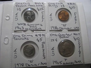 1943 Emergency Cent 1986 Cent 1978 Dime 1965 Quarter Dollar United States 4 Coin - Picture 1 of 12