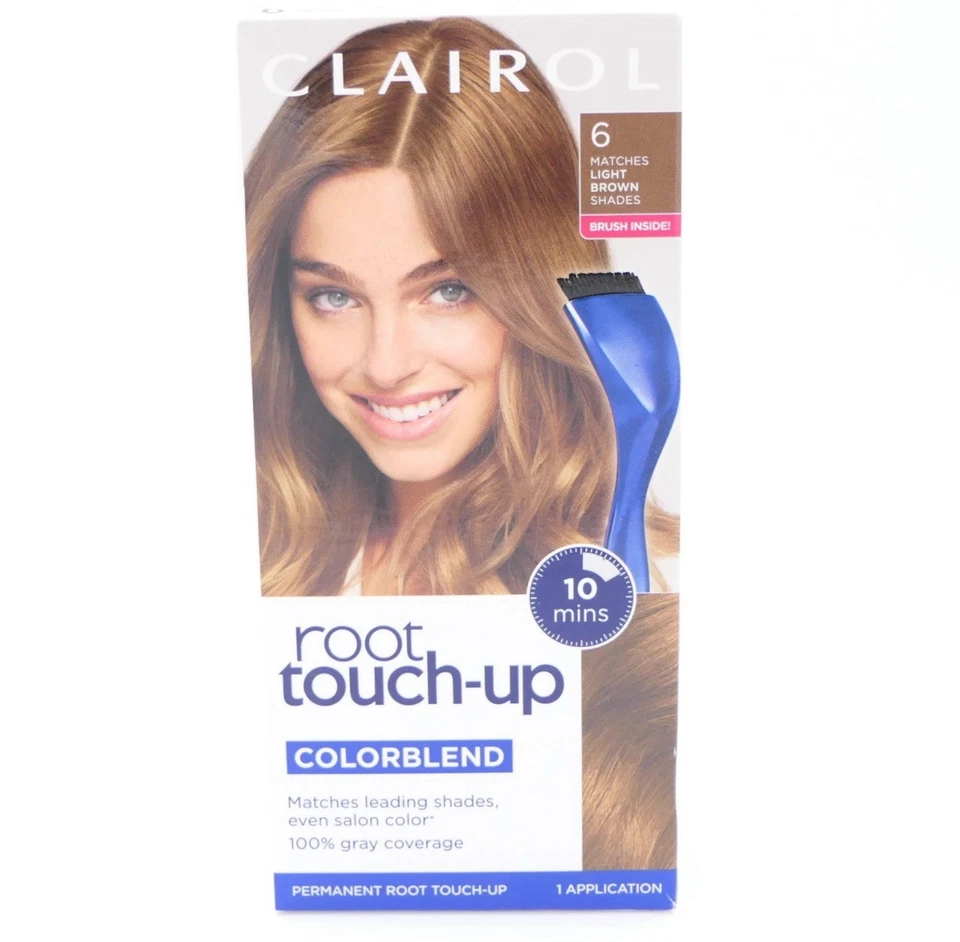 Mezcla de colores de retoque de raíz Clairol 6 coincidencias marrón claro tonos gris permanente cubierta Foto 1 de 1