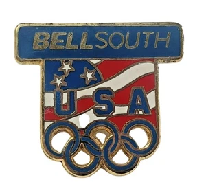 BELLSOUTH Atlanta Summer Olympics Rings USA American Flag Pinback Vintage 1996 - Picture 1 of 4