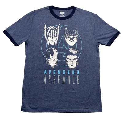 Marvel Avengers Ringer T-Shirt Mens Medium Blue 90's Graphic Tee Streetwear Y2K - Image 1 of 4