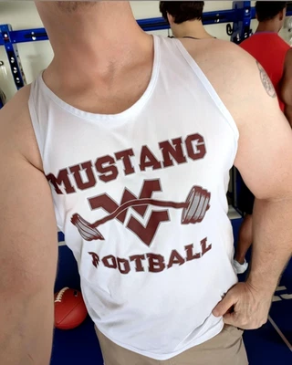 МУЖСКАЯ АКТИВНАЯ ОДЕЖДА МАЙКА: Mustang футбол тяжелая атлетика бак штанги M/L - Изображение 1 из 3