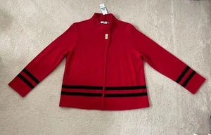NWT 159$ CALVIN KLEIN Women's Red Black Stripes Wool Blend Sweater Jacket Sz L - Picture 1 of 7