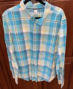 Gymboree Mens Size Large Aqua Blue Yellow Plaid Long Sleeve Button Up Shirt - Picture 1 of 8