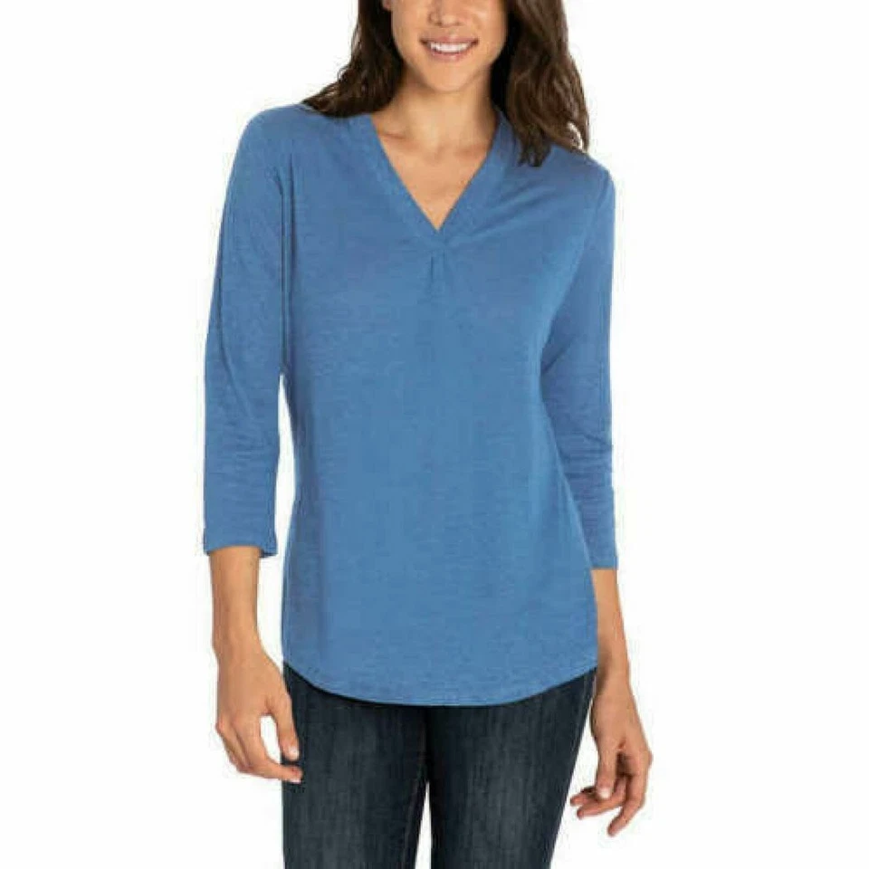 Orvis Womens Moonlight Blue 3/4 Sleeve Linen Shirt V-neck Size Small