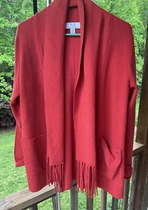 MAGASCHONI Pullover Damen Medium Cardigan Oberteil Burnt Orange Rost Fransen Lagenlook - Bild 1 von 16