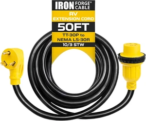 30 Amp RV Extension Cord 50 Ft - 10/3 STW TT-30P to NEMA L5-30R 125V RV Power Co - Picture 1 of 5