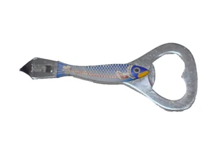 Abridor de latas de mano de trucha arco iris pescado esmalte azul metal vajilla Japón - Imagen 1 de 7
