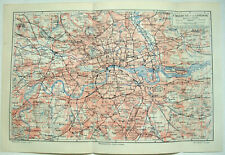 London England & Vicinity - Original 1908 Map by Meyers. Antique 