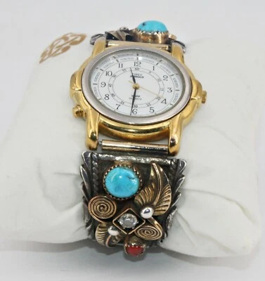Reloj Navajo Timex Extremos Punta Esterlina Turquesa Coral Circonita cúbica Diseño Floral 8 Pulgadas+ Foto 1 de 4