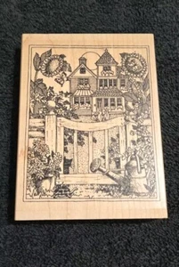 House With Gate Sunflowers Wood Mounted Rubber Stamp Impression Obsession H1763 - Picture 1 of 6