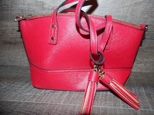 Merona Red Faux Leather Handbag Purse Interior Zip Pocket, Bottom Studs 7 x 12" - Picture 1 of 5
