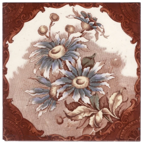T. & R. Boote & Co - c1886 - Blue Asters Floral - Antique  Victorian Tile Cover