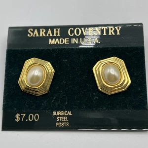 Vintage Sarah Coventry Earrings Goldtone Metal Faux Pearl Pierced Stud - Picture 1 of 4