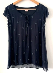 Whistles Black 100% Silk Beaded Flowers -Cap Sleeve Flawless Lined Tie Top S/M - Picture 1 of 8