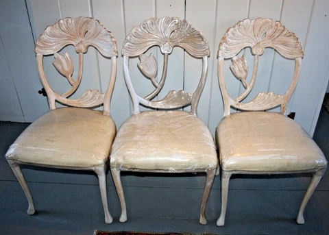 Carved Wood Floral Dining Chairs set of three Art Nouveau Andre Italy? Palm Fret Cover