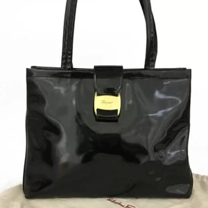 Vintage Salvatore Ferragamo Vara Black Patent Leather Shoulder Tote Bag - Stuns! - Picture 1 of 12