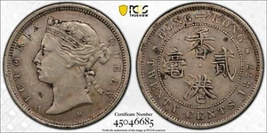Scarce 1877 China Hong Kong 20 Cents Silver Coin - PCGS XF 45 - Picture 1 of 5