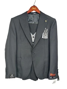Men Suit ALFA SUIT Turkey 70%Wool Slim Black 3-Pieces Size EU-52 US-42 - Picture 1 of 16